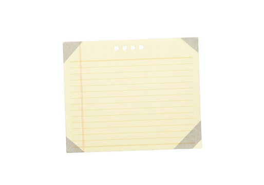 Vintage yellow lined paper note with corner tabs isolated