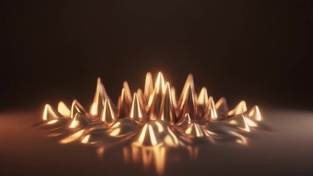 Ultra realistic ferrofluid forms sculptural peaks under invisible magnetic field, champagne studio lighting and subtle gold reflections revealing cinematic macro fluid physics with luxury innovation