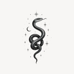 Fototapeta premium Illustration of a coiled snake with stars and a crescent moon.