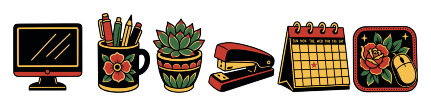 Old school tattoo style desk accessories set including a computer monitor, pen holder mug, succulent plant, stapler, calendar, and mousepad with rose illustration