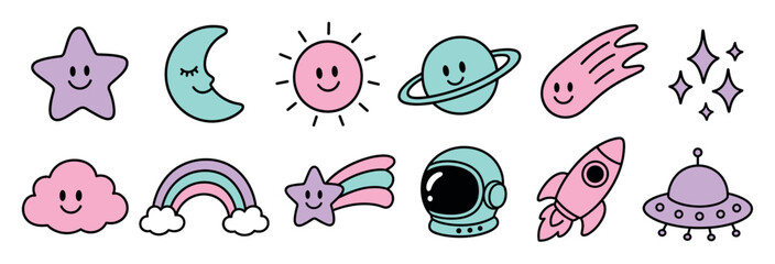Naklejka premium Cute space doodle icons set with smiling planets, stars, sun, moon, rocket, astronaut helmet, and UFO in pastel colors