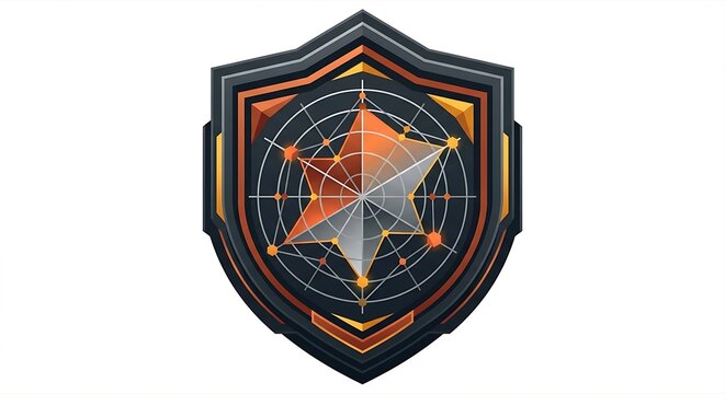  Risk assessment and market volatility management concept icon featuring a protective shield with an integrated spider radar chart and data nodes, flat 2.5D business technology illustration on w