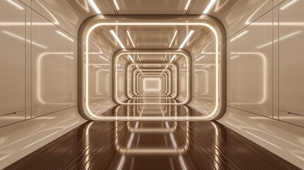 Obraz premium Futuristic corridor with glowing rounded rectangular frames stretching into infinite deep perspective light tunnel with emanating nested rectangular