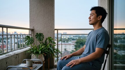 Fototapeta premium Young East Asian man practices quiet breathing on a city balcony at dawn, using stillness and early daylight to reduce stress, regulate mood, and guide his body toward a steadier sleep rhythm