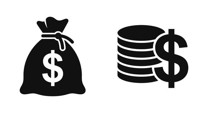 Money Bag And Stack Of Coins Silhouette On White Background
