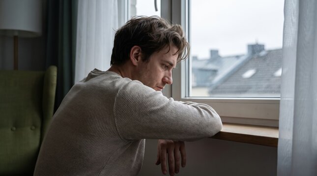 Tired young man leans against a cold window after restless sleep, reflecting in muted morning light while trying to regain emotional balance and rebuild a consistent sleep and wake pattern over time