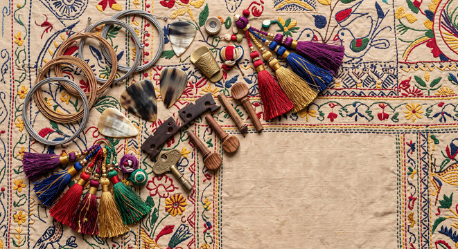 Overhead photo of Bangladeshi Dotara folk string tools on Kantha quilt