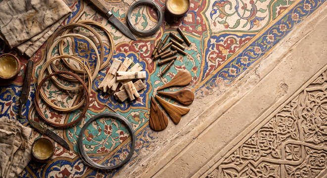 Cinematic top down view of Pakistani Rubab tuning components on fresco pattern