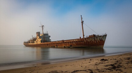 Fototapeta premium Old rusted shipwreck sits on sand beach near shallow water. Giant abandoned vessel remains in calm misty morning coastal landscape. Metal decaying hull stands in ocean fog during low tide. Derelict