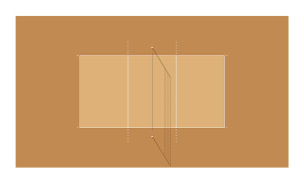 Volleyball court with white lines and net, top view of indoor arena floor with orange ground markings perfect for sports field illustrations and stadium backgrounds. Vector sports illustration