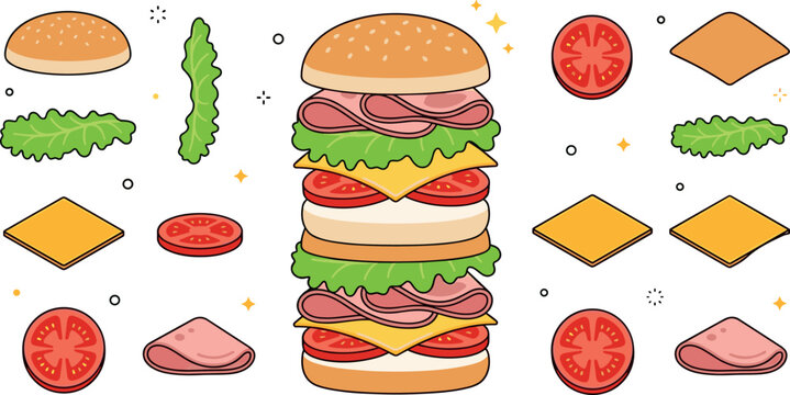 Delicious double decker burger construction set with sesame buns ham slices cheese squares tomato wheels and fresh green lettuce leaves isolated vector illustration.