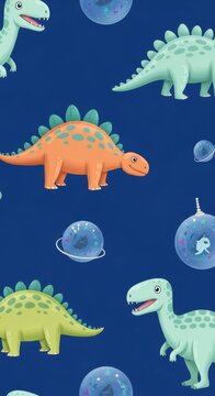 Colorful Cartoon Dinosaurs on Dark Blue Background with Bubbles.