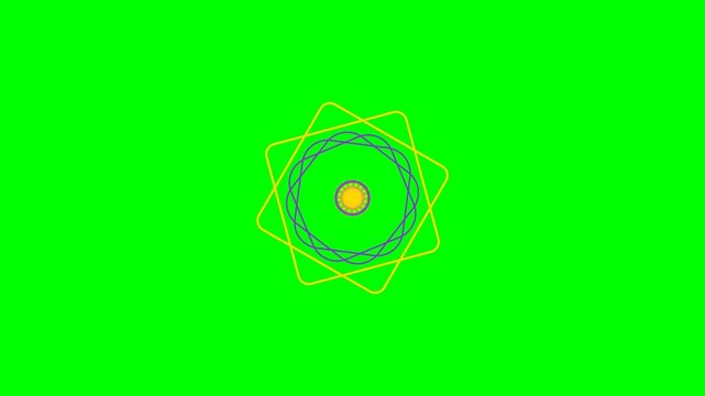 Abstract geometric pattern with rotating stars and circles on green screen