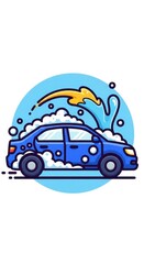 Obraz premium Colorful cartoon car with soap bubbles and speed lines.