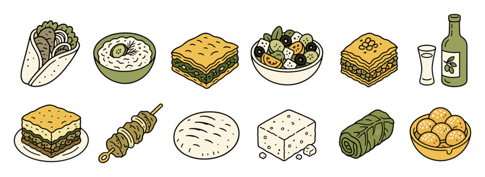 Greek food illustration set featuring traditional dishes like gyros, tzatziki, moussaka, greek salad, feta cheese, souvlaki, pita bread, and dolmades in a hand-drawn doodle style