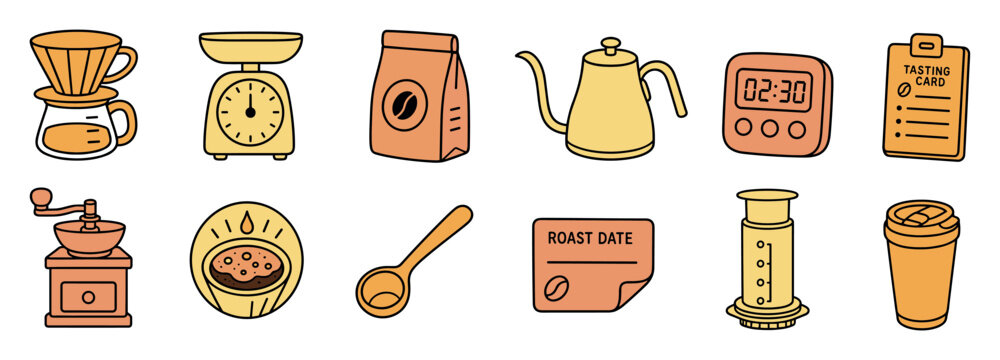 Coffee brewing equipment vector icon set with a pour over dripper, scale, coffee bag, gooseneck kettle, timer, grinder, scoop, and reusable cup