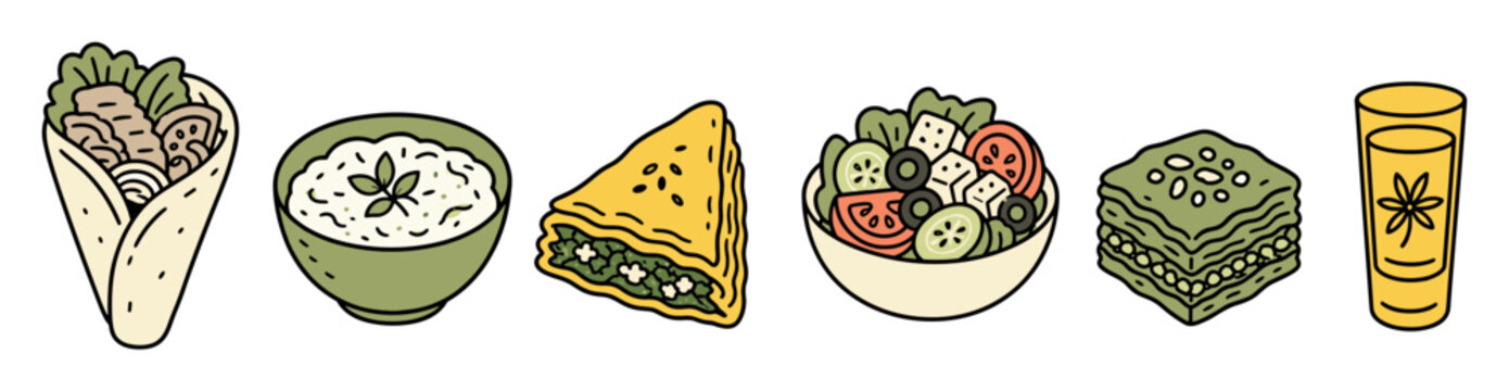 Greek food vector illustration set featuring gyros, tzatziki dip, spanakopita spinach pie, Greek salad with feta cheese, baklava dessert, and traditional ouzo drink