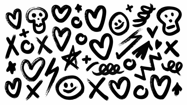 Black ink doodles featuring hearts skulls smiley faces stars and xoxo symbols on a white background abstract art