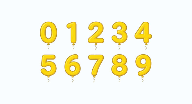 Yellow numeral balloons shaped like digits zero through nine on a white background numerals numbers