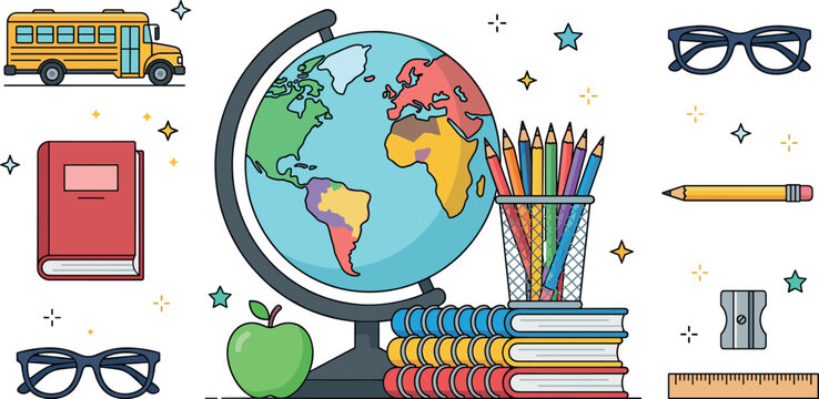 Back to school collection featuring earth globe world map school bus books stack pencils holder eyeglasses and apple isolated vector illustration set.