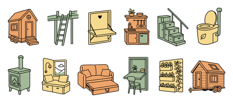 Tiny house icons and space saving furniture set featuring minimalist living elements like a folding desk, sofa bed, compact kitchen, and composting toilet