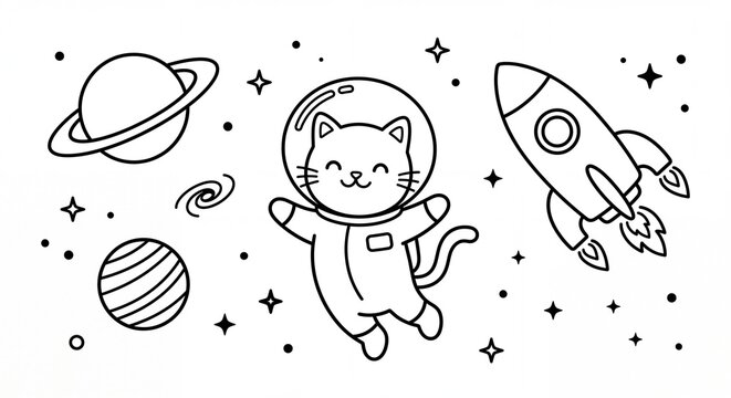 Adorable Astronaut Cat Line Art Coloring Book Illustration Featuring Rocket and Outer Space Theme