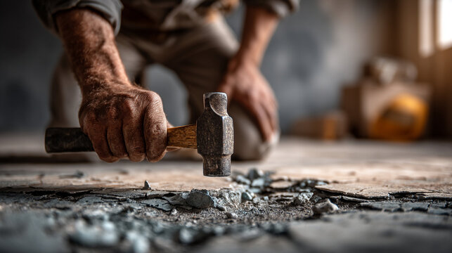Worker using a heavy sledgehammer to break concrete floor during demolition