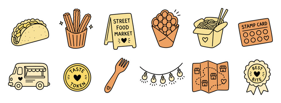 Street food festival doodle icons set featuring taco, food truck, churros, bubble waffle, noodles, and market signs in cute hand drawn style