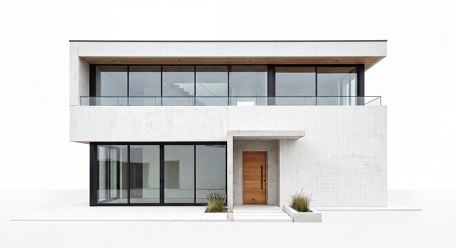 Elegant Contemporary Two-Story White Residence with Floor-to-Ceiling Windows Isolated on White Background