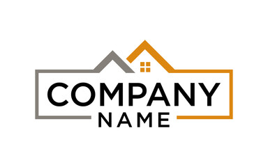 Fototapeta premium A modern logo featuring two stylized house roofs, one grey and one orange with windows, above a rectangular frame containing 