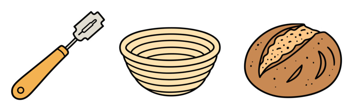 Sourdough bread baking tools and loaf set including a wooden handle bread lame scoring razor, a rattan proofing banneton basket, and a freshly baked round boule