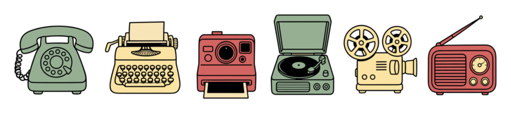 Retro vintage technology and media equipment icons including rotary telephone, typewriter, instant camera, record player, film projector, and radio receiver in a hand-drawn doodle style