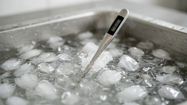 Digital thermometer in ice water bath for temperature measurement and control