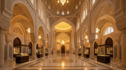 Obraz premium Grand Palace Interior with Islamic Architecture and Display Cases