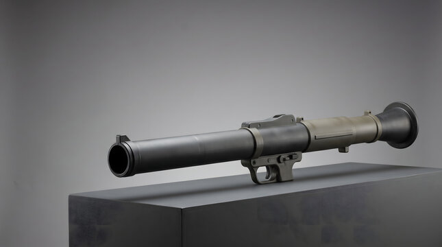 Military rocket launcher bazooka weapon on dark pedestal 3D render copy space