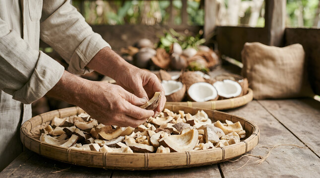 Farmer hand sorting dried coconut copra in woven basket traditional agriculture