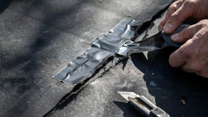 Obraz premium Worker repairing damaged fabric surface with adhesive tape and utility knife