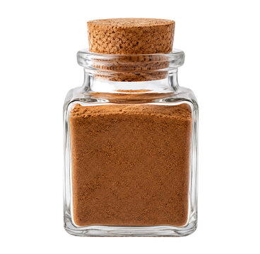 Cinnamon powder in glass jar with cork stopper, aromatic brown spice in square glass bottle, culinary seasoning container for kitchen pantry isolated on White Background ai