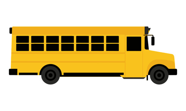 Yellow school bus with simplified geometric shapes and bold flat colors isolated on white education transportation concept