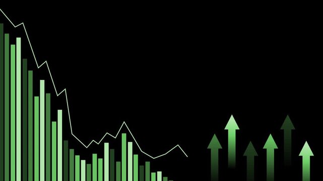 Falling bar chart with a downward line and rising arrows animation, Business chart with rising arrows decline