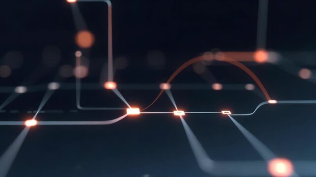 Orange glowing circuit lines in abstract digital style on dark background, concept of futuristic technology