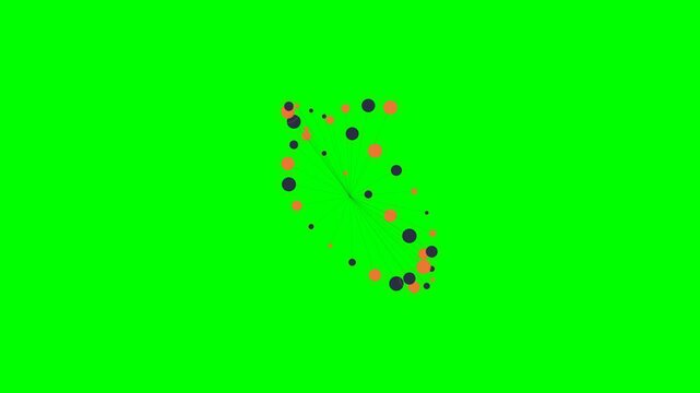 Abstract network of interconnected dark and orange circles on green screen