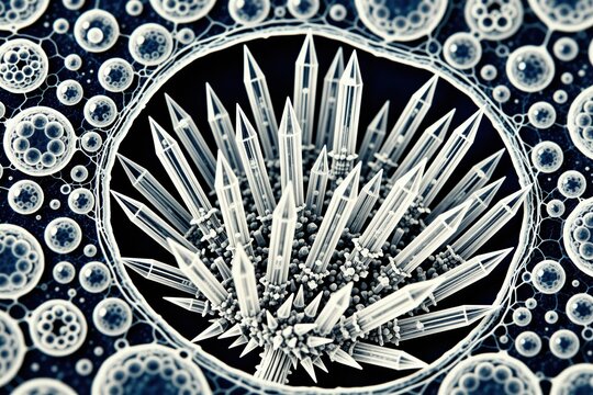Microscopic view of raphide bundles inside plant cell vacuole. Sharp needle shaped calcium oxalate crystals show botanical defense system mechanism. Scientific study of organic structure in