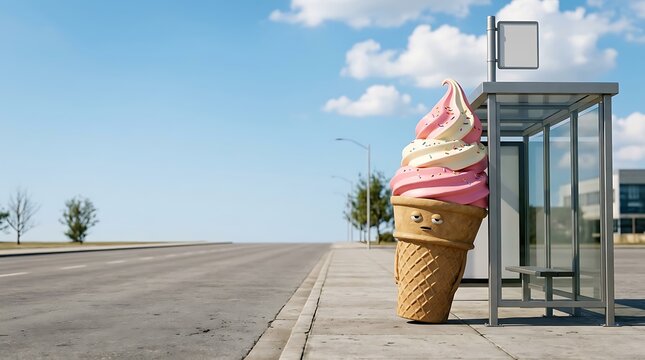 Humorous giant ice cream character waiting at a bus stop