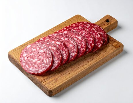 Sliced cured meat with white specks arranged on a wooden cutting board