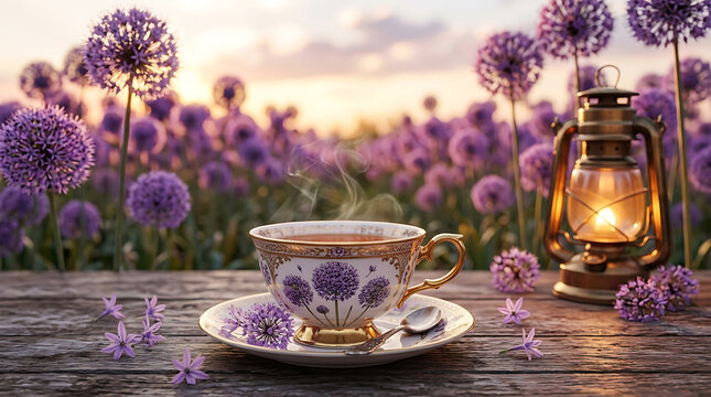 Vintage Teacup with Hot Tea and Oil Lantern in Allium Flower Field at Sunset