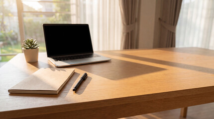 Naklejka premium Laptop Notebook and Pen on Wooden Desk in Home Office