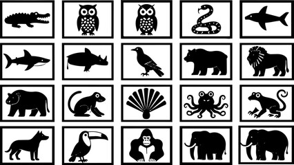 Fototapeta premium Minimalist animal silhouette icons, set of 20 black and white wildlife vector graphics, simple zoo and safari animal symbols for educational design