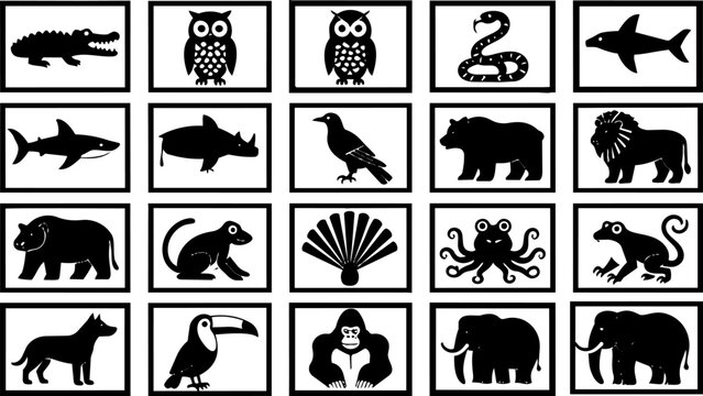 Minimalist animal silhouette icons, set of 20 black and white wildlife vector graphics, simple zoo and safari animal symbols for educational design
