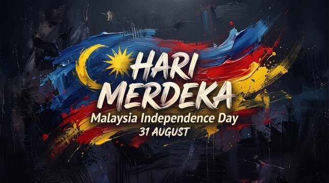 Hari Merdeka Malaysia Independence Day greeting with artistic paint strokes and national flag colors.